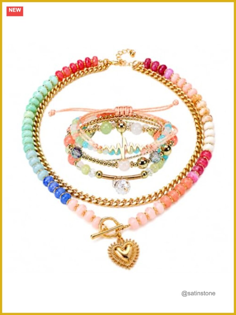 Kopklp Double Layered Necklace Set Gold Plated Alloy Beads Heart Pendant